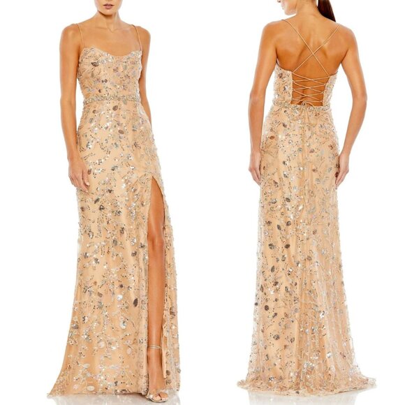 NEW MAC DUGGAL 68049 SZ 12‎ EMBELLISHED FLORAL LACE UP NUDE GOWN - Picture 1 of 9